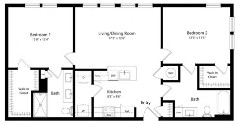 Two Bedroom Floor Plan with 1,087 Sq. Ft. at The Exchange Luxury Apartments in St Pete FL